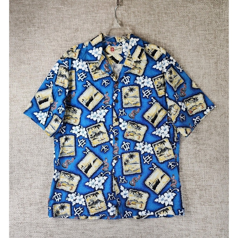 HILO HATTIE The‎ Hawaiian Original Mens L Blue Camp Shirt 100% Cotton VTG EUC
